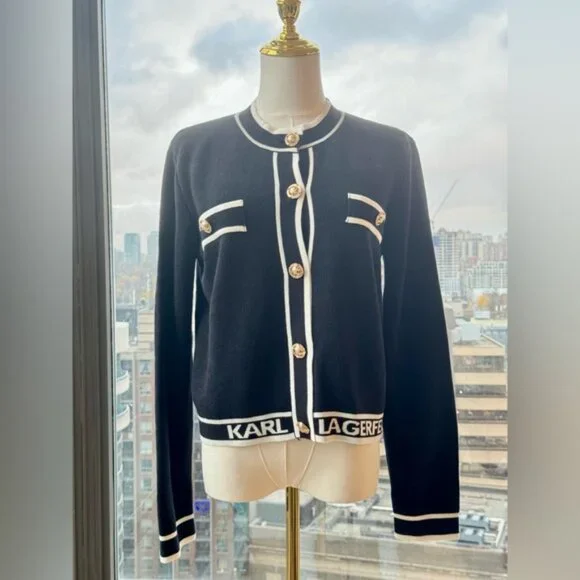 🆕 KARL LAGERFELD 🧿 NWT Classic Cardigan with Logo Embroidery & Buttons, Sz M - Picture 9 of 13